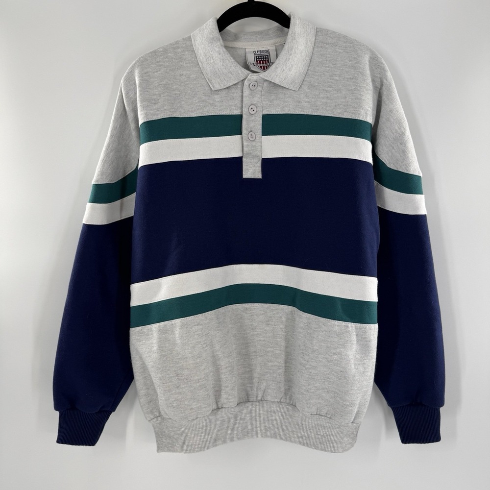 ClayBrooke Sport Men's Large Rugby Long Sleeve Striped Henley Polo Green Blue